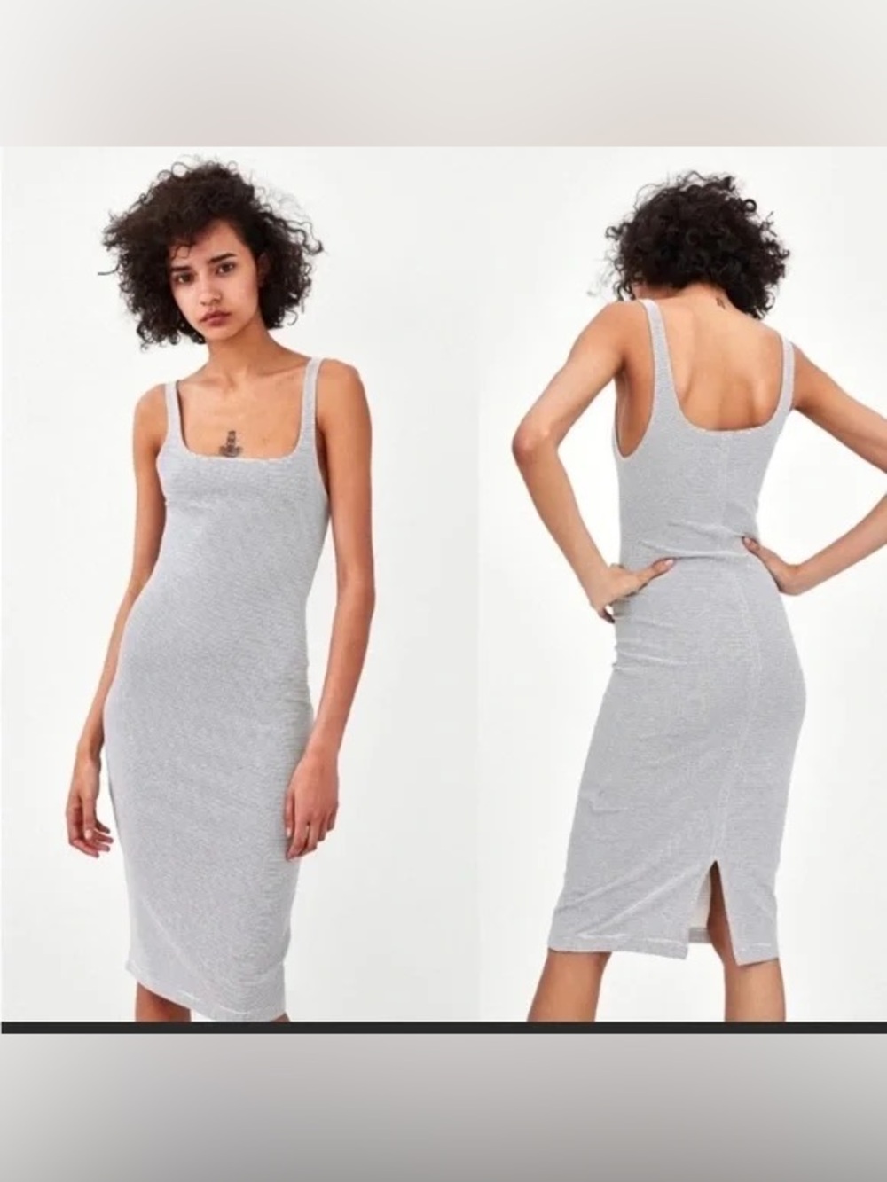 Zara Light Gray Ribbed Scoop Neck Midi Dress